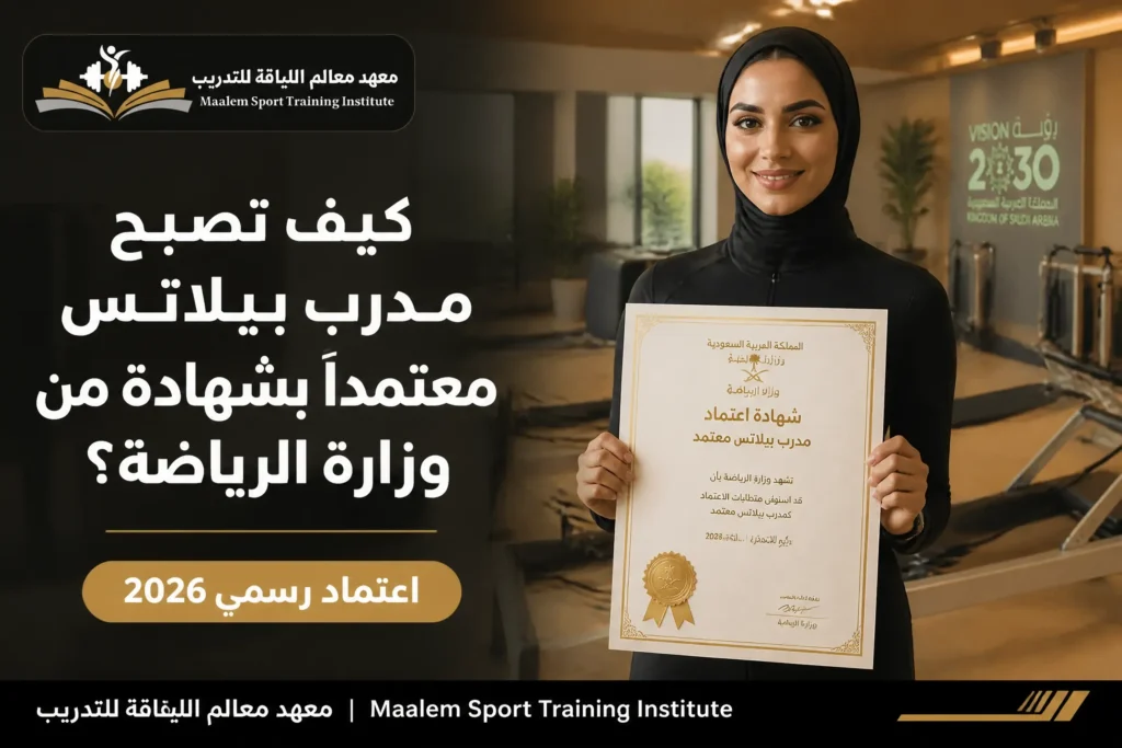 كيف تصبح مدرب بيلاتس معتمد؟ مدربة تحمل شهادة اعتماد داخل استوديو تدريب البيلاتس بمعهد معالم اللياقة.