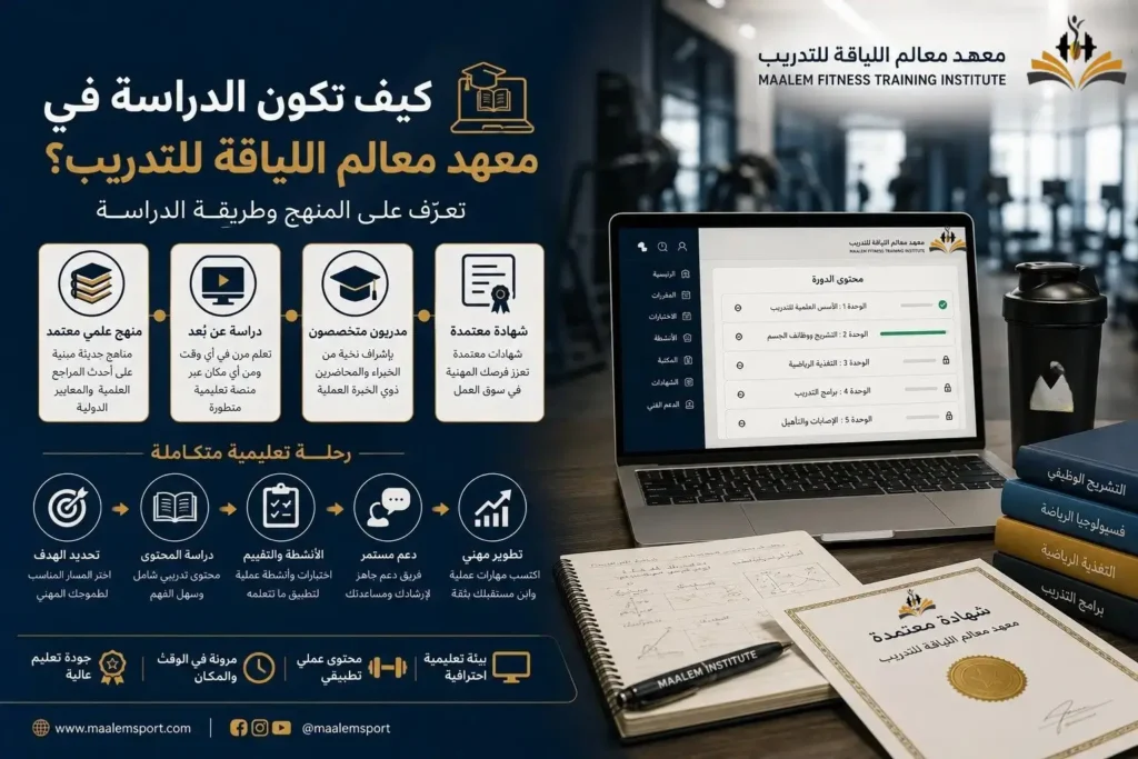 إنفوجرافيك يوضح طريقة الدراسة والمنهج في معهد معالم اللياقة للتدريب.