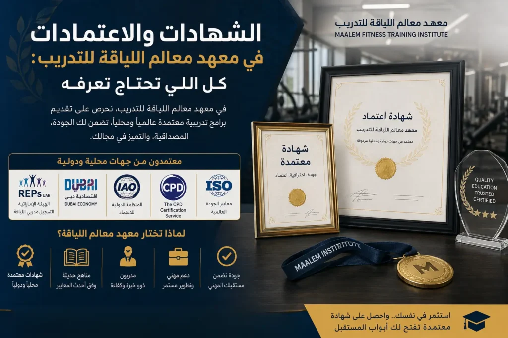 إنفوجرافيك احترافي يوضح الشهادات والاعتمادات في معهد معالم اللياقة للتدريب، مع عرض شهادات معتمدة وميدالية وشعارات جهات الاعتماد، إلى جانب أبرز مزايا البرامج التدريبية.